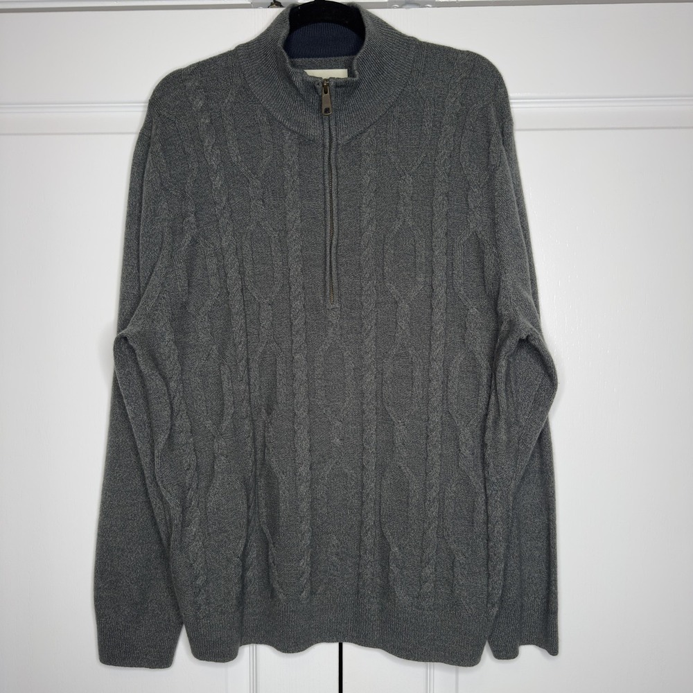 Haggar Sweater Mens XL‎ Gray Mock Neck 1/4 Zip Cable Knit Pullover Casual